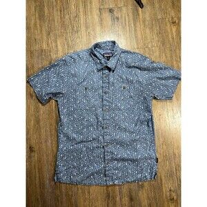 Patagonia Shirt Mens Medium Back Step Hemp Blend Geometric AOP Short Sleeve Blue